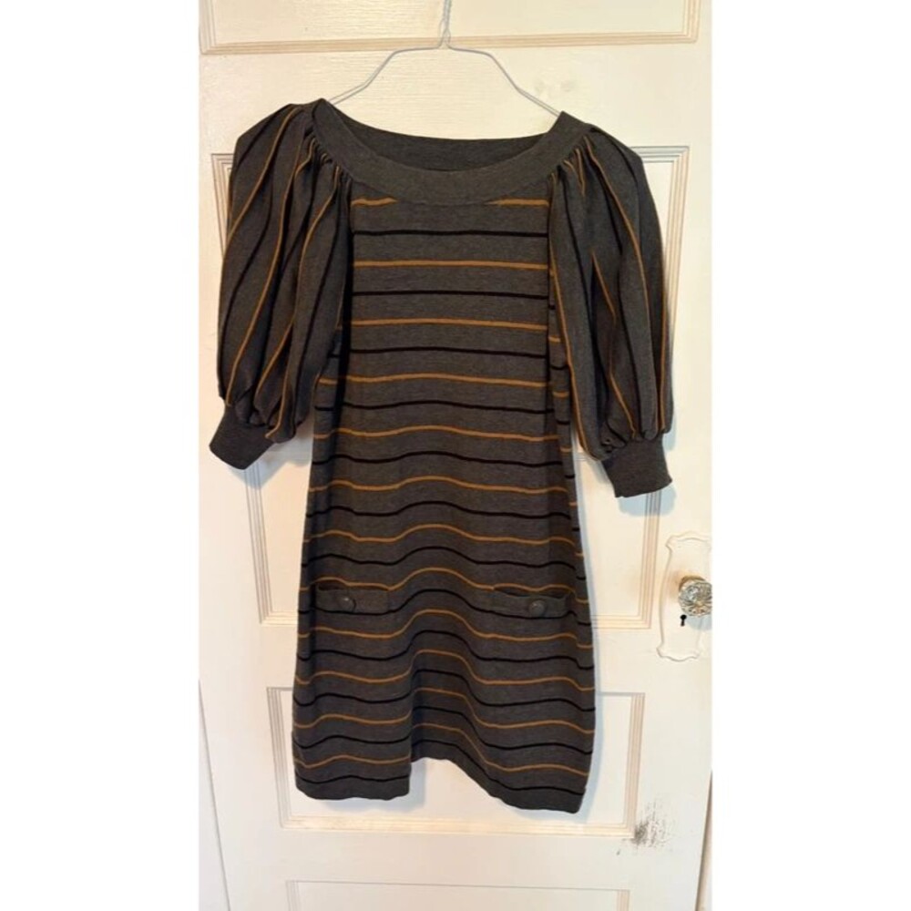 Jessica Howard Gray Striped Puff Sleeve Sweater Dress w/ Pockets Size M